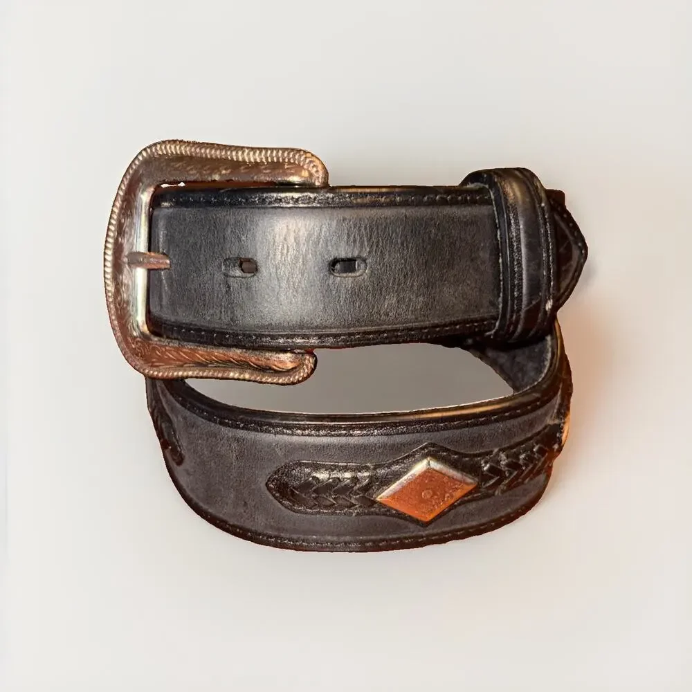 3D Black Western Inlay Leather Belt Sz 32 Removable Silver Buckle Diamond Concho